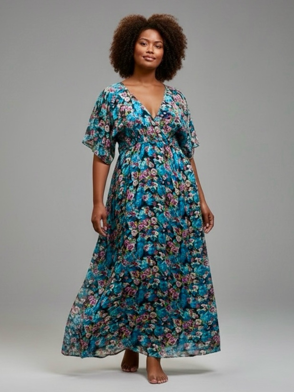Neiman Marcus Teal Floral V-Neck Maxi Dress